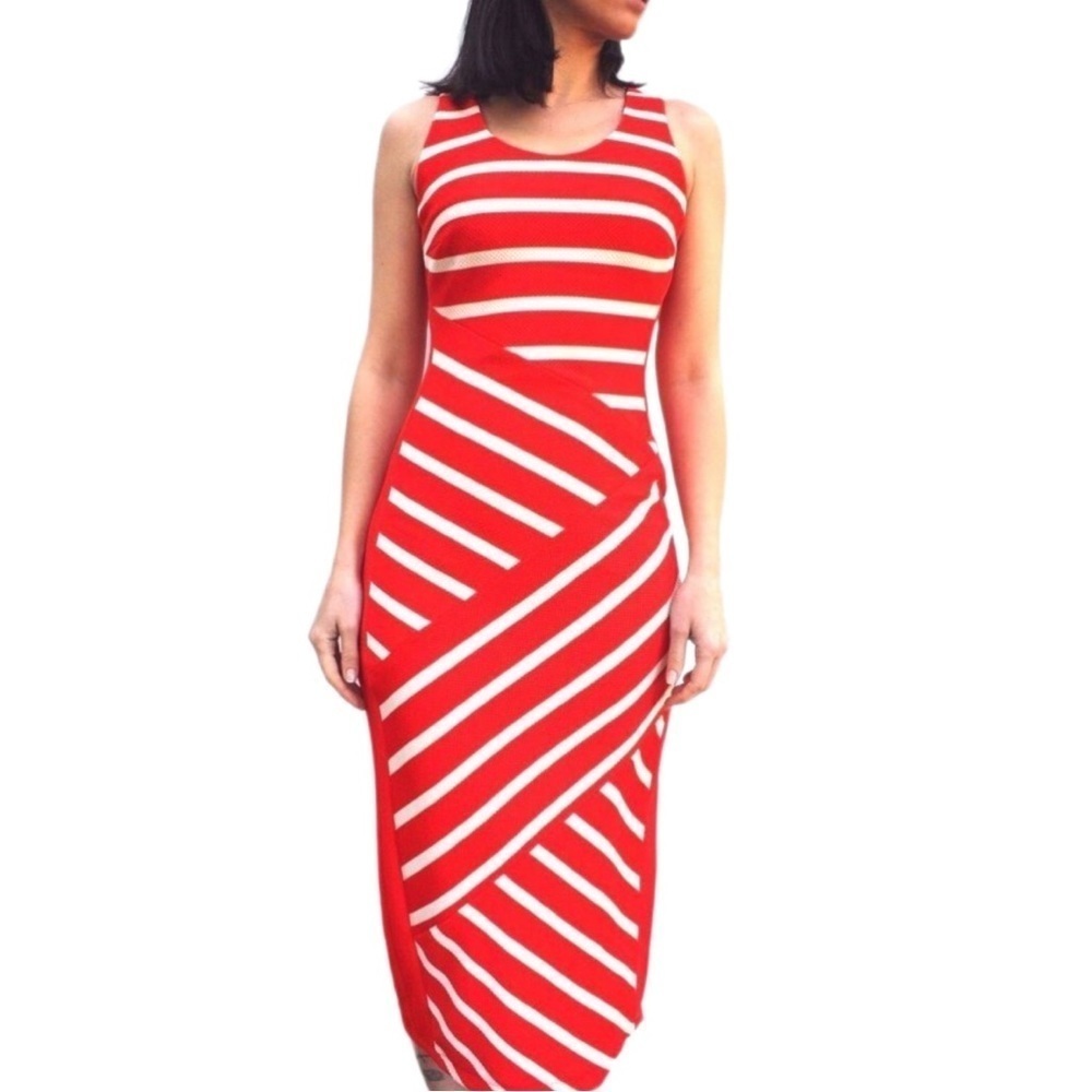 KAREN Millen Diagonal Stripe Bodycon Midi Dress US 4